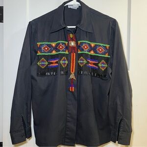 Vintage LEW MAGRAM WOMEN'S Size 6 BLACK COTTON BEADED FRINGE WESTERN SHIRT
